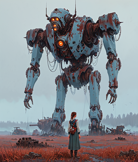Digital painting by (((Simon StÃ¥lenhag))) and Jakub RÃ³Å¼alski in the style of alternate-history sci-fi of a young farm girl standing in a misty field, dwarfed by a colossal, rusted, and forgotten war-mech from a forgotten conflict, her mood quiet and contemplative. woman
<lora:NaturalBodyV2.0-C:1> <lora:HyperdetailedColoredPencilV2:1>