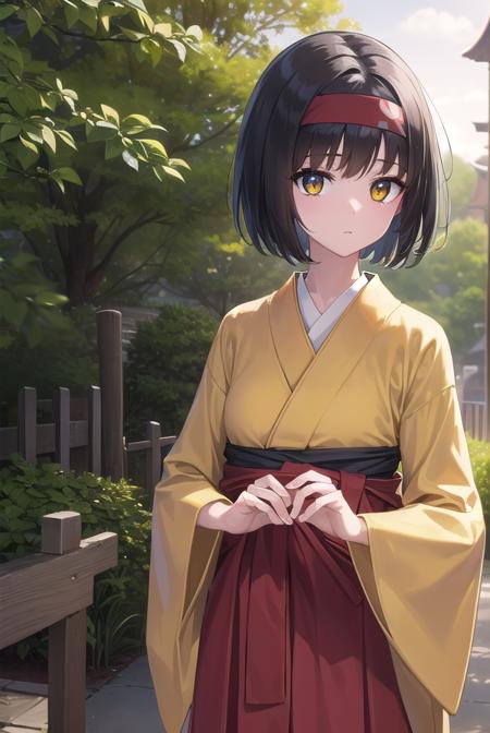 pokemonerika, (yellow eyes:1.5), black hair, headband, short hair, japanese clothes, kimono, hakama, red hakama, long sleeves, wide sleeves,
