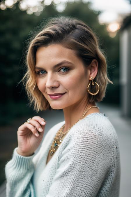 Realistic photo of a beautiful m1ch3ll3p-v2 woman, 1girl, solo, short hair, looking at viewer, smile, blue eyes, (((blonde hair))), simple background, long sleeves, jewelry, upper body, earrings, sweater, lips, ring, realistic, soft lighting, professional Photography, Photorealistic, detailed, RAW, analog, sharp focus, 8k, HD, DSLR, high quality, Fujifilm XT3, film grain, award winning, masterpiece<lora:m1ch3ll3p-v2:1.0>