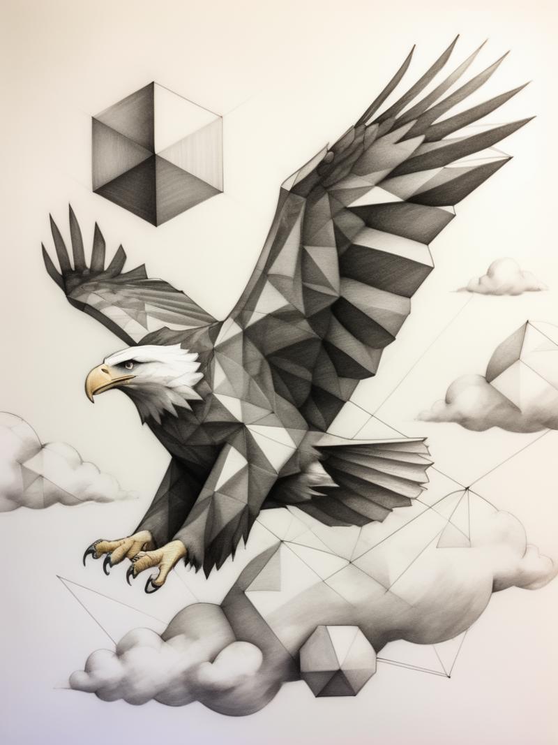 A black and white eagle drawing with geometric shapes and clouds in the background.