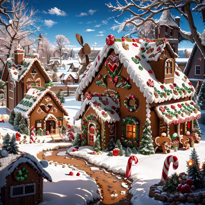 A Christmas Village Scene with Gingerbread Houses and Decorations