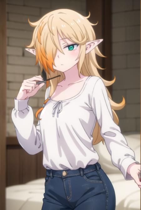 reviewerzel, <lora:reviewer zel female s1-lora-nochekaiser:1>,
zel, long hair, blonde hair, (green eyes:1.3), pointy ears, (hair over one eye:1.5), elf,
BREAK shirt, long sleeves, pants, denim, jeans, (white shirt:1.5), collarbone,
BREAK indoors, bed,
BREAK looking at viewer, (cowboy shot:1.5),
BREAK <lyco:GoodHands-beta2:1>, (masterpiece:1.2), best quality, high resolution, unity 8k wallpaper, (illustration:0.8), (beautiful detailed eyes:1.6), extremely detailed face, perfect lighting, extremely detailed CG, (perfect hands, perfect anatomy),