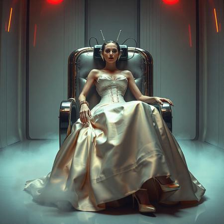 A slender, arrogant  rich norvegian bride, reclined in a polished steel chair, dressed in a luxurious, rich fantasy satin wedding gown with a fitted, boned corset accentuating her ultra-thin waist.and a full, flared skirt, paired with satin high heels, orgasm face. The massive electrodes holding her head pressed to the chair headrest,  cabled to a  futuristic superconputer rack. Her hands and ankles are bound to the  chair   by massive steel restraints,   weird fog from the floor. The scene is set in a sterile, empty chamber, with a glossy mother-of-pearl finish, evoking a sense of futuristic dread. Inspired by the cinematic styles of Ridley Scott, Guillermo del Toro, and H.R. Giger, with a blend of sci-fi and horror elements, this full-body portrait is a masterpiece of cinematic storytelling, shot on a virtual v-raptor XL camera, with a warm, film-grained aesthetic, subtle vignette, and rich color grading, reminiscent of 35mm film, with dramatic, atmospheric lighting, inviting the viewer to immerse themselves in this epic, stunning scene.