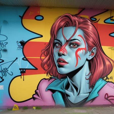 Masterpiece of painting, modern streetart, graffitti art, on a wall, huge, large, crazy painting, thick outlines, highlights, fadings, (comic style character:1.3), face, highly detailed, impressive, surprising, meaningful, fullscreen, taggings, frameless,