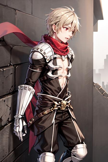 1boy, solo,  assassincross-ro,    <lora:assassincross-ro:0.7>, scarf, shoulder armor, pauldrons, red scarf, open shirt, gauntlets, vambraces,    boots, fantasy:1, ragnarok online