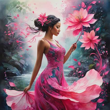 An intricate artwork of a female figure adorned with a large, vibrant pink flower. The figure wears a dress that seamlessly blends with the natural elements, with swirling patterns resembling leaves and water. The background is a soft, watercolor-like hue, with subtle splatters and bubbles, adding to the ethereal ambiance. The entire composition exudes a sense of harmony between nature and humanity., dark fantasy, vibrant, painting, photo