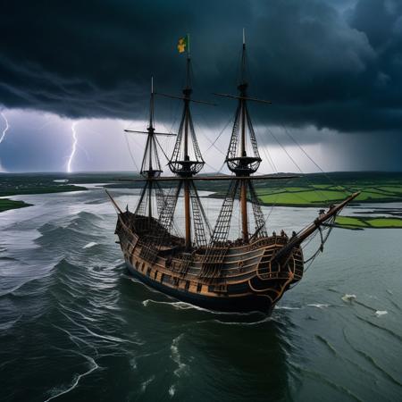 cinematic still Aerial view of a weathered 16th-century pirate ship stranded on a flooded coast in Ireland. Dark storm clouds loom overhead, with lightning illuminating a backdrop of sail-like buildings and hapless Phinisi ships, creating a dramatic, surreal scene. Rainfall and swirling ripples add to the chaotic atmosphere . emotional, harmonious, vignette, 4k epic detailed, shot on kodak, 35mm photo, sharp focus, high budget, cinemascope, moody, epic, gorgeous, film grain, grainy, Aerial view of a weathered 16th-century pirate ship stranded on a flooded coast in Ireland. Dark storm clouds loom overhead, with lightning illuminating a backdrop of sail-like buildings and hapless Phinisi ships, creating a dramatic, surreal scene. Rainfall and swirling ripples add to the chaotic atmosphere, cinematic, detailed, professional, extremely quality, highly