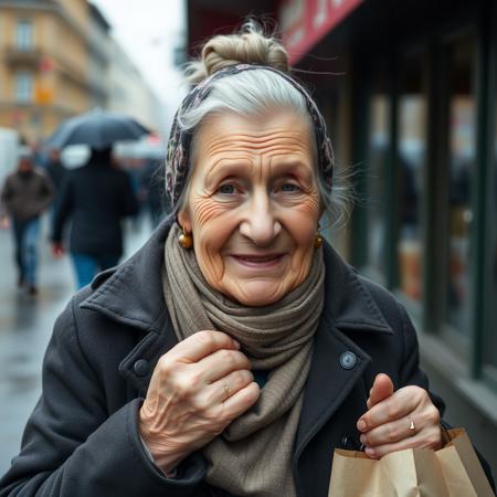 elderly woman, kind face, grandmotherly, silver-gray hair, hair bun, headscarf (babushka scarf), simple coat, carrying shopping bags, weary but warm expression, wrinkles, St. Petersburg street, rainy day, helping hands, supporting character, realism, soft smile, film grain,
no makeup, no jewelry, no fantasy armor.