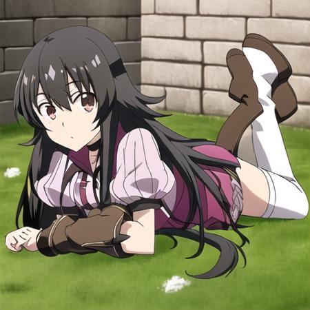 Adeltrud Walter,long hair,black hair,brown eyes,miniskirt,white THIGHHIGHS,brown boots,short sleeves