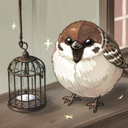 <lora:tangbohu-detailer_1.0:0.5> ,<lora:tangbohu-detailmaker_v2.5:0.5> , <lora:cute_sparrow:0.8>, sparrow, cartoon, house, birdcage, sparrow in the birdcage