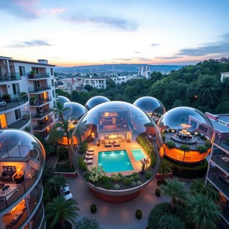 Inside a 10-story mixed-use building that inspires the idea of a bubble, each sphere is an apartment with a garden, pool and amenities in Palisades, California, and creates a sense of separation from each other.