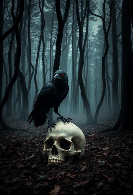 a dark and spooky scene of a scary crow with red eyes perched on a skull on the ground in a dense forest. The forest is filled with tall, dark trees with twisted branches. The ground is covered with dry leaves. There is a mist surrounding the forest, adding to the eerie atmosphere.