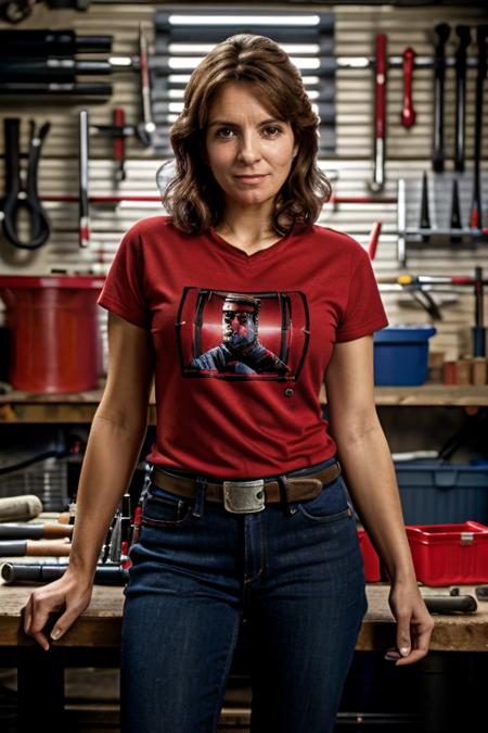 masterpiece, best quality, detailed face, Lightsaber Red tshirt in a garage, leaning on a workbench, <lora:Tina_Fey:1> 1girl, solo, a mature t1873f,