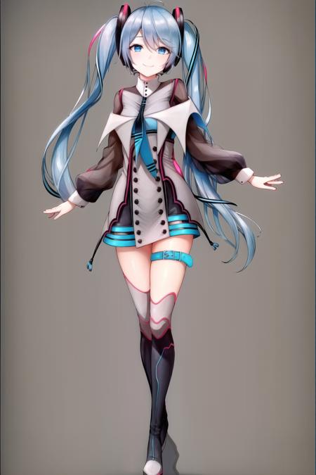 masterpiece, best quality, solo, 1girl, hatsune miku, vocaloid, mirai2015, thigh strap, thigh boots, standing, smile, full body, simple background