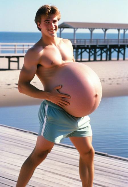 1980s photo, a 19 year old, Caucasian, twink, shirtless, male, pregnant belly, mpreg, 8 months pregnant, belly button, sweaty, wearing short shorts, jogger, dynamic pose, beachy boardwalk background