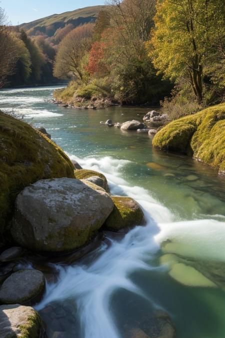 RAW photo, Wales, delicate nature, wild nature, picturesque scenery, pristine vegetation, calm sky, majestic landscape, enchanting atmosphere, icy river, crystal water, sunlight illuminates the icy water, photorealistic, masterpiece, 64k, UHD, ultra detailed, vivid colors, high quality, sharp focus