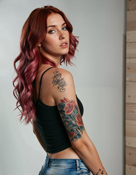 A photo realistic shoot from a portrait camera angle about a young woman with long red hair and tattoos wearing a black t-shirt that is unbuttoned, revealing her medium-sized breasts with pink nipples. she is standing in the middle of the image, looking directly at the viewer with a neutral expression. the woman has fair skin, blue eyes, and long, wavy red hair that falls down her back. her hair is styled in loose waves and falls over her shoulders. she has a tattoo sleeve on her left arm and is wearing a pair of blue denim shorts. the background is a plain, light grey color. the lighting is soft and even, highlighting her features and the texture of her skin. the image is high quality and has a realistic style.