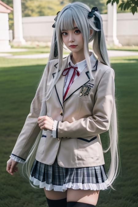 kagarino kirie school uniform, blazer, collared shirt, long sleeves, plaid pleated skirt, frilled skirt, thighhighs, school emblem, neck ribbon, 