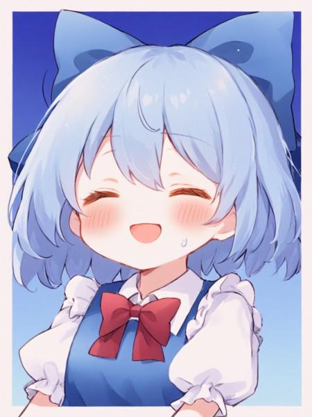 <lora:çªé²è¯º:1>,1girl, bow, solo, blue_hair, cirno, blue_bow, smile, bowtie, open_mouth, red_bow, red_bowtie, hair_bow, shirt, blue_background, closed_eyes, border, puffy_sleeves, >_<, short_hair, white_shirt, upper_body, blush, hair_between_eyes, bangs, blue_dress, dress, gradient, gradient_background, :d, short_sleeves, collared_shirt, puffy_short_sleeves, white_border