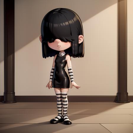 ((masterpiece, best quality)),(complex light), 1girl ,solo, full body, lucy loud, <lora:lucy_loud1-10:0.6> ,black hair,   , hair over eyes,  black dress, striped pantyhose, standing, chibi, stripe arm sleeves,striped, skinny,