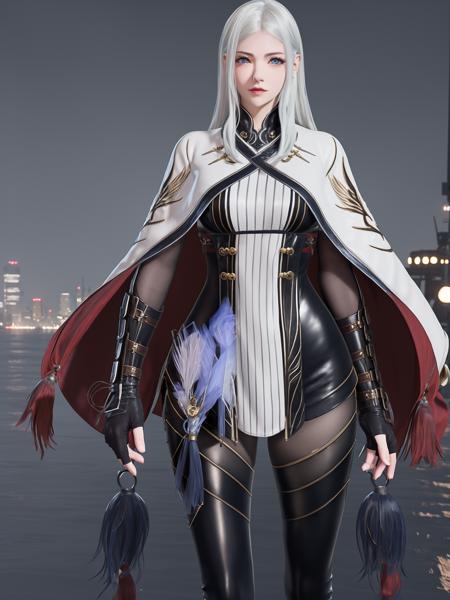 <lora:yongjiewujian jiyingying_20230712225712:0.75>,1girl,mature female, gloves, thighhighs, boots, looking at viewer, thigh boots, tassel, capelet, long sleeves, pantyhose, blue eyes, white hair, cityscape, night, fingerless gloves, cape,