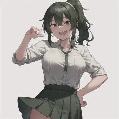 setsuna tokage, 1girl, solo, breasts, looking at viewer, smile, skirt, simple background, shirt, white background, school uniform, green eyes, white shirt, ponytail, sidelocks, pleated skirt, green hair, teeth, collared shirt, medium hair, grin, black eyes, hand on hip, sharp teeth, green skirt, sleeves rolled up  <lora:SetsunaTokageLoRA-10:0.5>