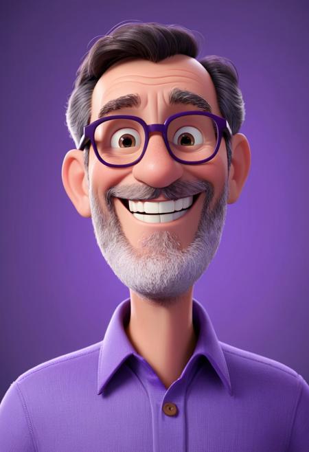disney pixar 3d animation character of a 60yo man, smiling at viewer, purple background, dark hair, simple background, closed mouth, trimmed beard, glasses
