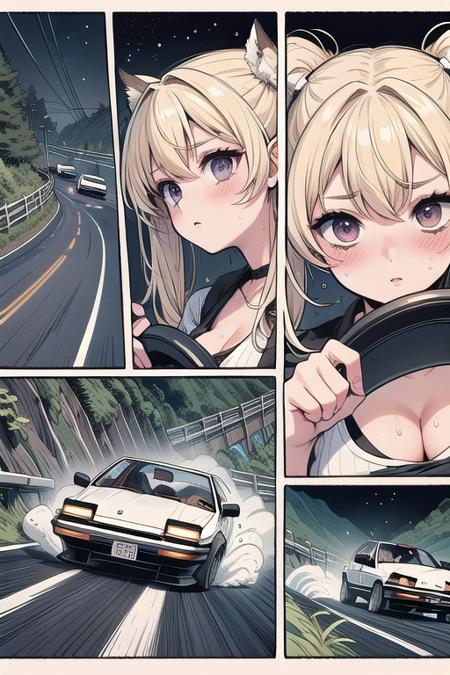 source_anime, score_9, score_8_up, score_7_up, comic, manga, drifting style, solo focus, 1girl in car interior, tank top, big tits, AE 86, Initial D, seatbelt, motion lines, motion blur, driving, sports car, reflection, dust, wind, downhill, slope road, mountain road, wet, fog, tree, cliff, night, starry sky,