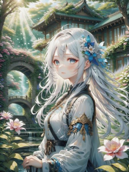 anime,girl with silvery-white hair gazing intently at the flowers in a beautiful botanical garden, surrounded by a myriad of colorful blossoms and lush greenery. Sunlight filters through the trees, casting soft glows on her delicate features, as a gentle breeze rustles her hair and the petals around her