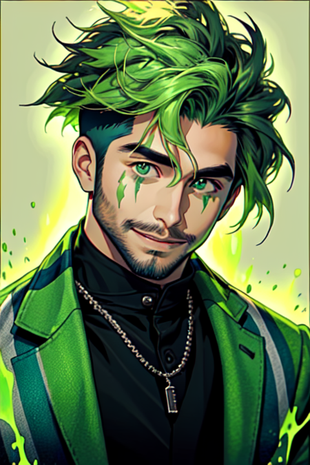 Niji Slime, looking at viewer, smile, shirt, 1boy, jewelry, jacket, male focus, necklace, glowing, facial hair, chain, facial mark, border, portrait, beard, green jacket,  undercut <lora:Niji_Slime:0.8>