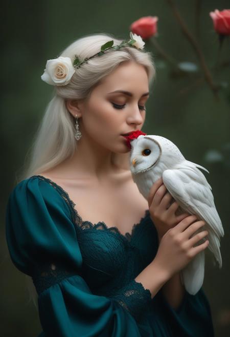A close-up portrait photograph captures a beautiful young woman and a vibrant owl in an intimate moment. The woman, 
positioned on the right side of the image, 
wears a flowing, 
deep teal gown with puffy sleeves and intricate lace details along the edges of the shoulders and sleeves. Her long platinum blonde hair with a small green heart-shaped accessory. Her serene expression, 
with closed eyes, 
adds to the tranquil atmosphere as she holds a vivid red rose close to her lips. The owl, 
perched on a branch to the left, 
displays brilliant white feathers on its head and body, 
transitioning to peach-color on its tail, 
Its beak is open as it appears to be nibbling gently at the rose petals. The background is softly blurred, 
consisting of dark green hues suggesting a forest setting, 
which enhances the focus on the subjects. The lighting is soft and diffused, 
creating a dreamy, 
ethereal quality to the scene and highlighting the textures of the feathers and the delicate petals of the rose. The overall composition is balanced and intimate, 
with high contrast and saturation emphasizing the vivid colors of the owl and the rose, 
while the shallow depth of field keeps the main subjects in sharp focus against the dreamy, 
blurred background.by Galr Dfh