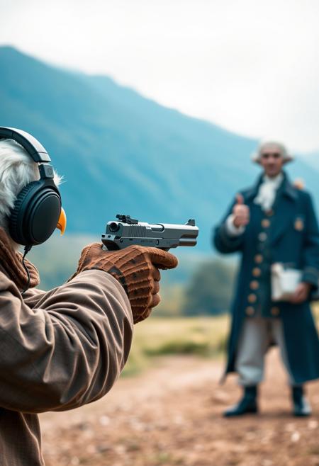 A human like eagle shooting a gun at the gun range with headphones on and George Washington in background giving a thumbs up
