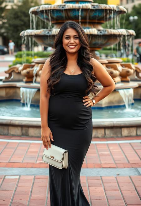 masterpiece portrait of a radiant woman with long dark wavy hair::1.4, candid photography style::1.2, naturalistic portrait art::1.1, (physical description: full-figured woman, long dark brown wavy hair cascading over shoulders, standing tall and confident:1.1), (facial features, expression: warm and genuine smile, kind brown eyes, pleasant and relaxed expression:1.0), (clothing details: elegant sleeveless black maxi dress with a scoop neck, simple yet flowing fabric:1.0), (accessories: small light-colored cross-body purse, white strap sandals, subtle necklace, red stud earrings:0.9), (background setting: grand tiered stone fountain with vibrant blue mosaic tiles and cascading water, red brick basin, terracotta tiled walkway, hints of lush greenery and modern buildings:0.9), (lighting style: soft ambient daylight, golden hour glow, gentle and even illumination, no harsh shadows:0.8), (composition and camera framing: full-body portrait, subject centrally positioned with one hand on hip, dynamic fountain backdrop, eye-level perspective:1.0), (emotional tone or theme: serene, joyful, confident, summery evening atmosphere:0.9), (technical execution: crisp focus, rich color palette, sharp details, inviting depth of field:0.8).