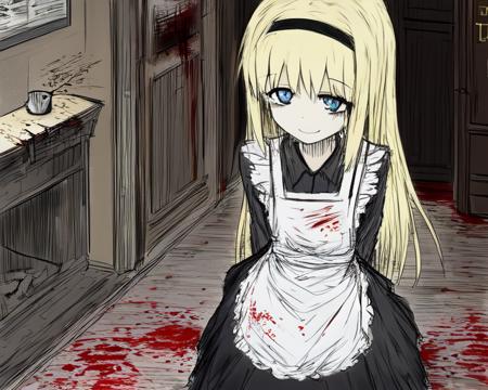 <lora:BlackSouls:1>
1girl, solo,  long blonde hair, blue eyes, black dress, white apron, black hairband, arms behind back, smiling, standing in the living room, bloodstained clothing, bloodsplatter