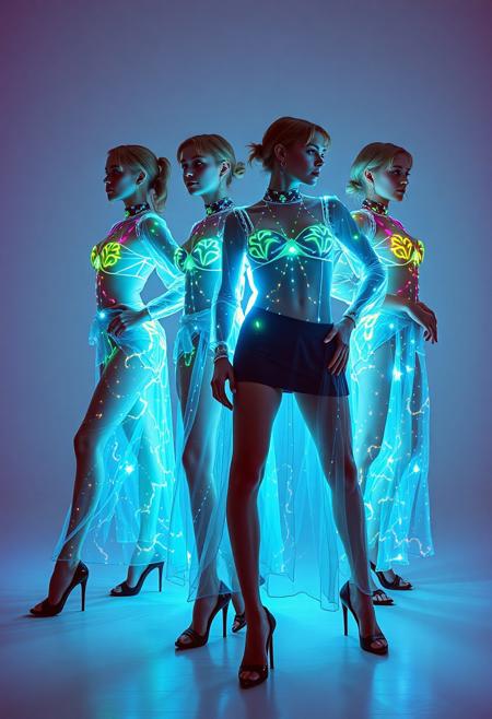 4 Caucasian feMale models  , all identical but in different stances , crystallisation, schizophernia, bioluminescent Jem the Hologram, surreal psychedelic flowing avant-garde art by Yoh Nagao and Erik Madigan Heck and Alan Aldridge, 1980's new wave totally radical fashion.,side view, side eye, slot skirts , high heels.  Athletic