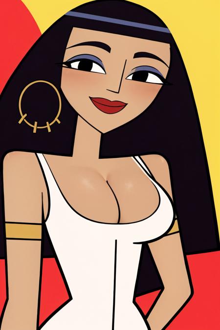 cleopatra ch, makeup, lipstick, white tank top, black hair, dark-skinned female, jewelry, hoop earrings, black pencil skirt, long hair, black eyes, medium breasts, sandals