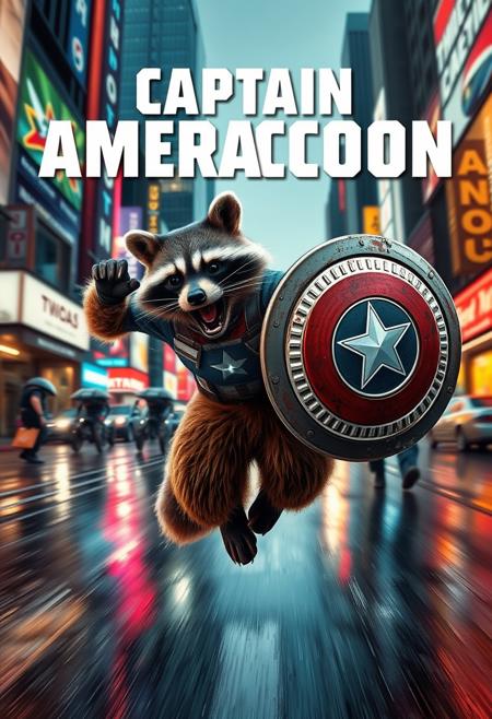 "Create a hyper-realistic image of Captain Ameraccoon, a raccoon wearing Captain America's iconic costume, wielding a tin lid shield from a trash can. The lid is battered and worn. Captain Ameraccoon is shown in mid-leap, shield at the ready, as it soars through the air towards a group of villainous robots wreaking havoc on the city. The background is a blur of motion, with the city's neon lights and billboards reflecting off the wet pavement. The title 'Captain Ameraccoon' is emblazoned across the top of the image in the iconic Marvel style. Style: hyper-realistic, action-packed, and humorous."