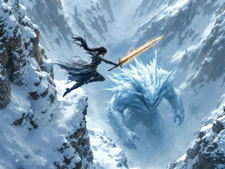 A warrior girl in armor jumps from a cliff onto a monster, a monster at the foot of a cliff, an ice golem monster does not see the girl, the girl swings a huge sword at the monster, the sword is on fire, the girl is flying, the girl has a long braid, snow all around, mountainous terrain,top view, view from behind the girl, epic, 
hyperrealism