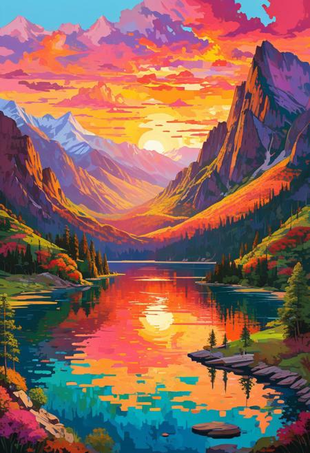 Ultra-detailed city of denial landscape split composition: left side—impressionist oil painting style, vibrant brushstrokes of (sunset over mountains:1.3), (reflective lake:1.2), loose textured foliage; right side—fading into (paint-by-numbers aesthetic:1.4), outlined sections with numbered labels, flat colors bleeding into reality. Cinematic contrast, 8K, trending on ArtStation.