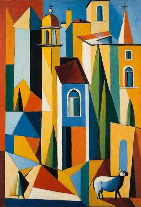 Generate an image in the cubist style of Pablo Picasso. The artwork should depict a fragmented and abstract interpretation of a busy urban landscape, using geometric shapes and a diverse, yet harmonious color palette to create a dynamic and multi-perspective view