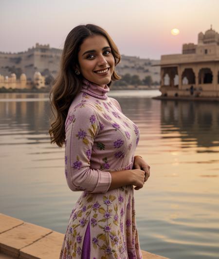 p3p3v2 , smile, nature, breast, Colorful flowers, Sunset, soft light, intricate, Udaipur Rajasthan lake, Turtleneck, dress without neckline, ((close portrait))