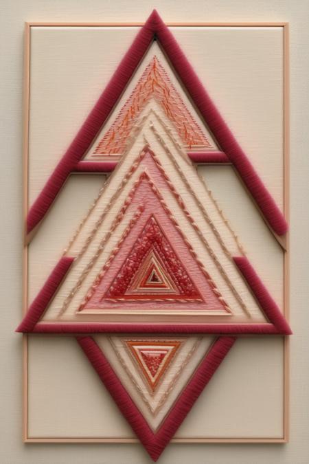 <lora:Needlepoint:1>Needlepoint - A mixed media art piece featuring an optical illusion pattern in the shape of a triangle made entirely out of particle board, overlaid with delicate embroidery in a creamy chenille thread. The colors of the embroidery should be a combination of frozen civilization, tropical escape and wild cranberry with hints of scorpion and Penelope. The embroidery should feel alive and three-dimensional, making the rigid surface of the particle board take on a sinewy, swirling appearance.