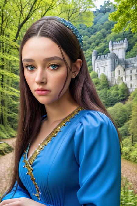 a stunningly beautiful woman, in a blue queen dress with long sleeves, in a forest paradise, castle ruins in the background, stunning eyes looking into your soul, (upper body, close up), candid, amateur, (raw, 8k, uhd, fujifilm xt3), sharp focus, [natural skin, highly detailed face], <lora:oliviaHussey:1>