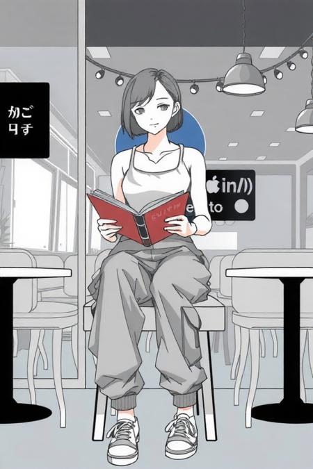 ultra high quality, very detailed, masterpiece, illustration of a girl (wearing a tank top and oversized cargo pants), sitting in a cafe, reading a book, cozy vibe
