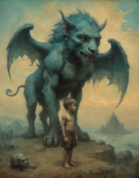 oil painting boy and chimera by nerdrum and by beksinski and by ajanicki