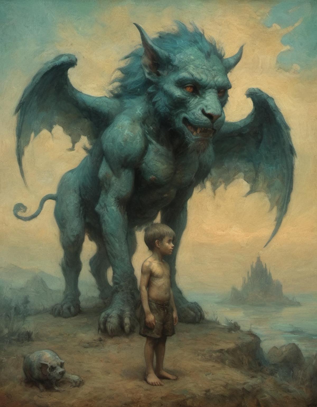 A young boy standing next to a blue dragon.