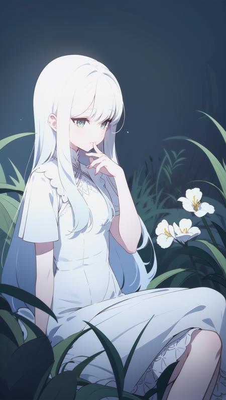 1girl_with_long_white_hair_sitting_in_a_field_of_green_plants_and_flowers her_hand_under_her_chin warm_lighting white_dress blurry_foreground