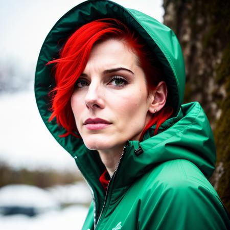 a photo of a sndrb  wearing green jaket, red head, falling snow, Katyasitak, closeup, masterpiece, higeres, 4k, hdr, trending on ArtStation, <lyco:SandraBV1.1:1.0>