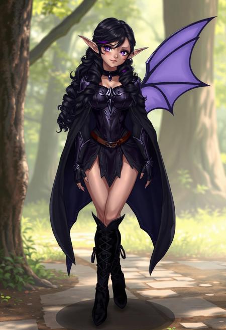 1girl, fantasy elf, long fantasy elven ears, natural lighting, realistic style, round cheek bones, full lips, small mouth, small nose, round face, black velvet boots laced with leather straps, body shaped like hourglass, long curled black hair with purple highlights, purple eyes, pupils showing, zoomed out, full view, a sexy purple elven metal armor,( long black cloak:1.1), (anime:1.1),