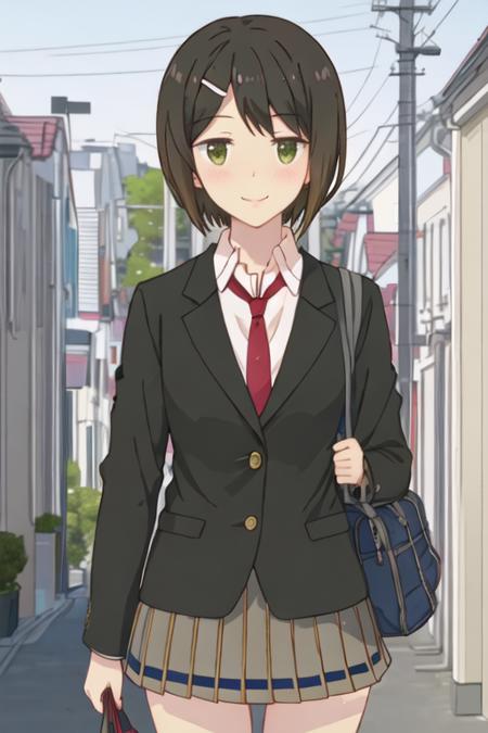 best quality, masterpiece, highres, solo, {kaede_ikeno_sakuratrick:1.15}, short_hair, hair_ornament, hairclip, blush, black_hair, brown_hair, green_eyes, necktie, 1girl, jacket, school_uniform, smile, blazer, looking_at_viewer, red_necktie